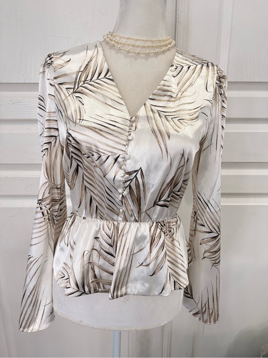 White House Black Market Tops - White House Black Market Cream and Taupe Palm-Print V-Neck Peplum Blouse